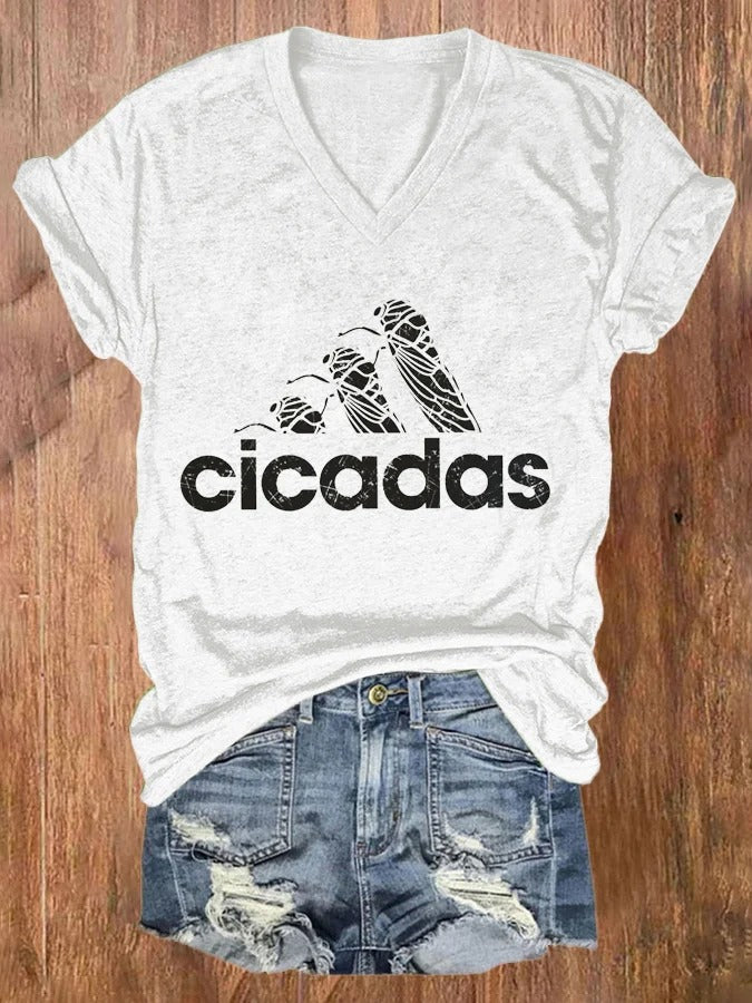 Women's Cicada 2024 Print V Neck T-shirt