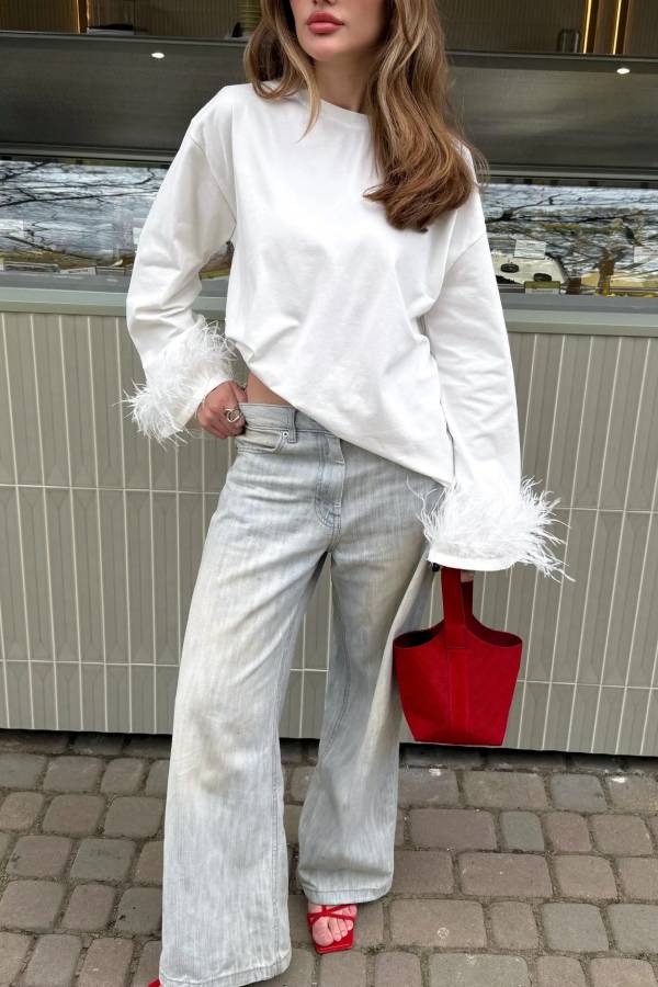 Feather Cuff Loose Long Sleeve Top