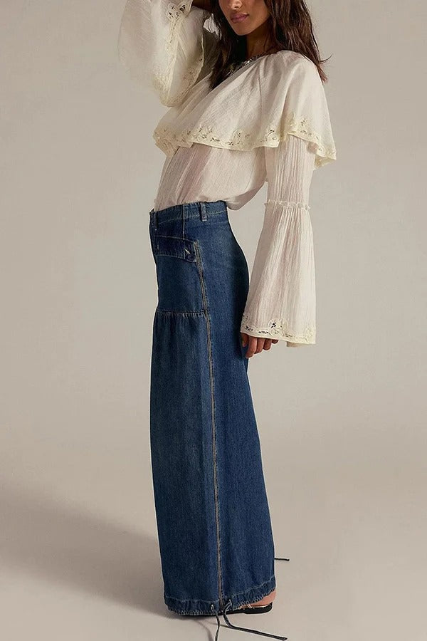 We The Free Denim Mid Rise Pocket Knotted Ankle Hem Lotus Balloon Jeans