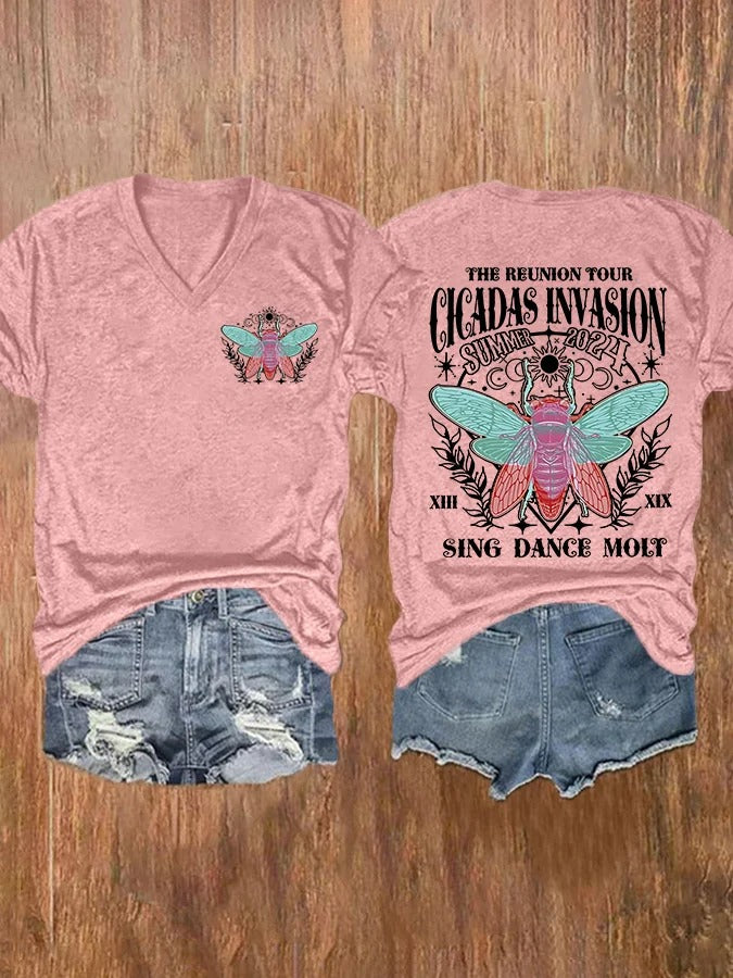 Women's The Cicadas Reunion Summer Tour Print V-Neck Casual T-Shirt
