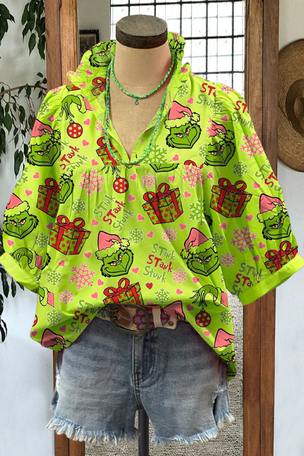 Elegant Puff Sleeve Contrast Color Grinch Print Top