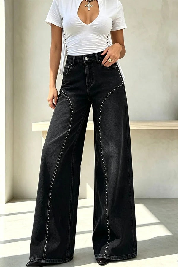 Trendy and Unique Denim Beaded High Rise Pocket Straight Leg Jeans
