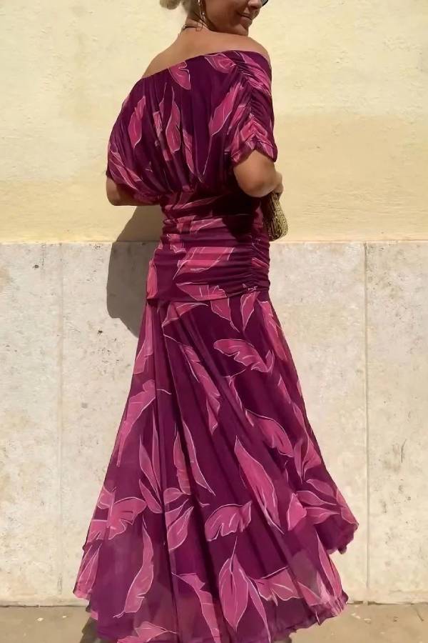 Elegant Off-Shoulder Ruched Leaf Print Maxi Dress