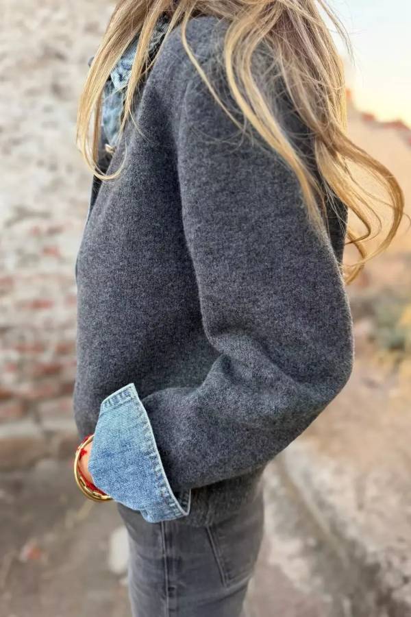 Contrast Denim Trimmed Sweater Cardigan