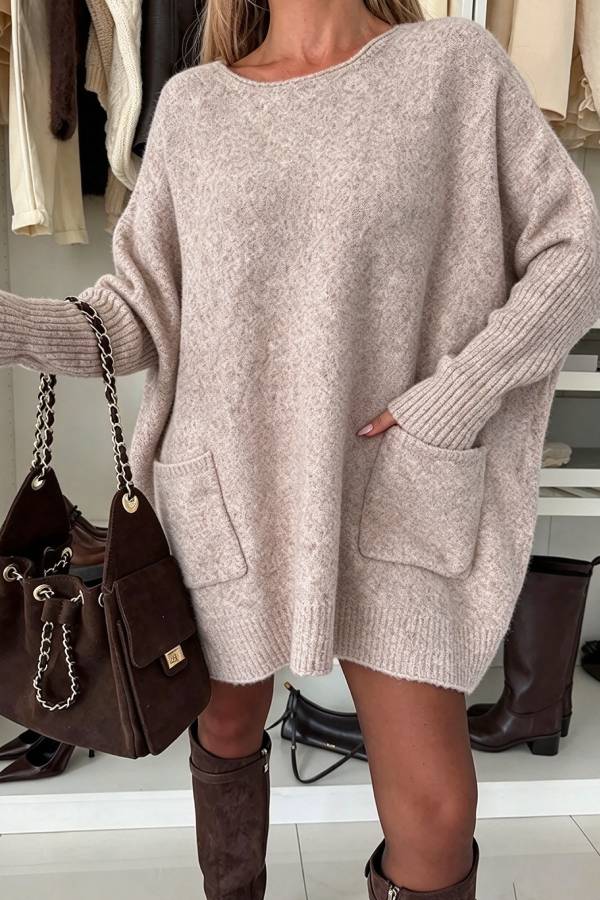 Warm Touch Knit Long Batwing Sleeve Pocket Oversized Sweater Mini Dress