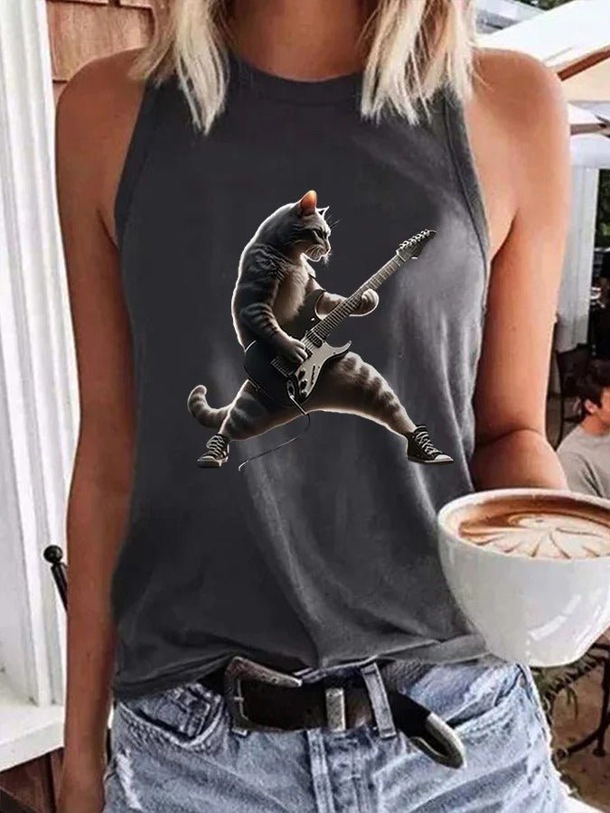 Women's Rock Cat Playing Guitar Casual Vest