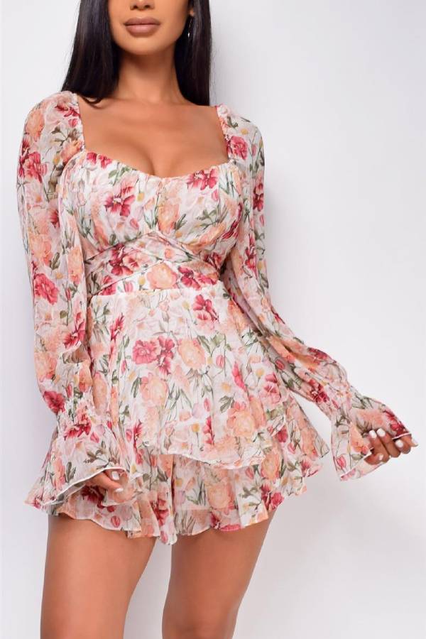 Square Neck Floral Long Sleeve Ruffle Romper
