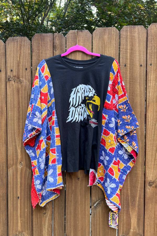 Harley Eagle Kantha Patchwork Batwing Sleeve Cropped T-Shirt
