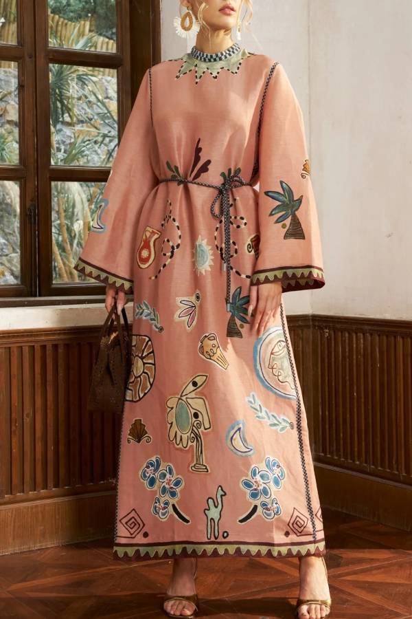 Graffiti Print Linen Robe Dress