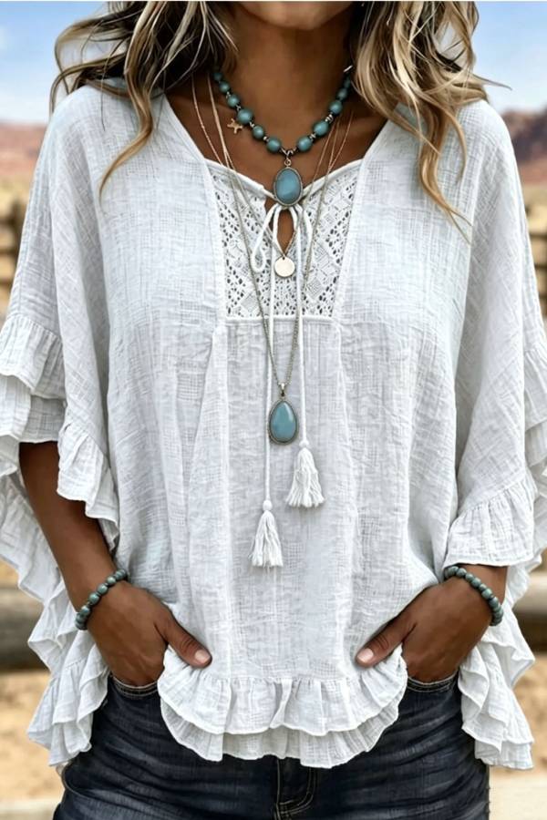 Boho Crochet Tie Tassel Ruffle Sleeve Loose Cotton-Linen Blouse