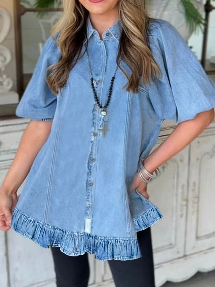 UR Casual Plain Lapel Collar Puff Sleeve Ruffle Hem Shirt