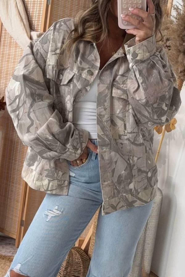 Vintage Leaf Camo Contrast Collar Utility Jacket