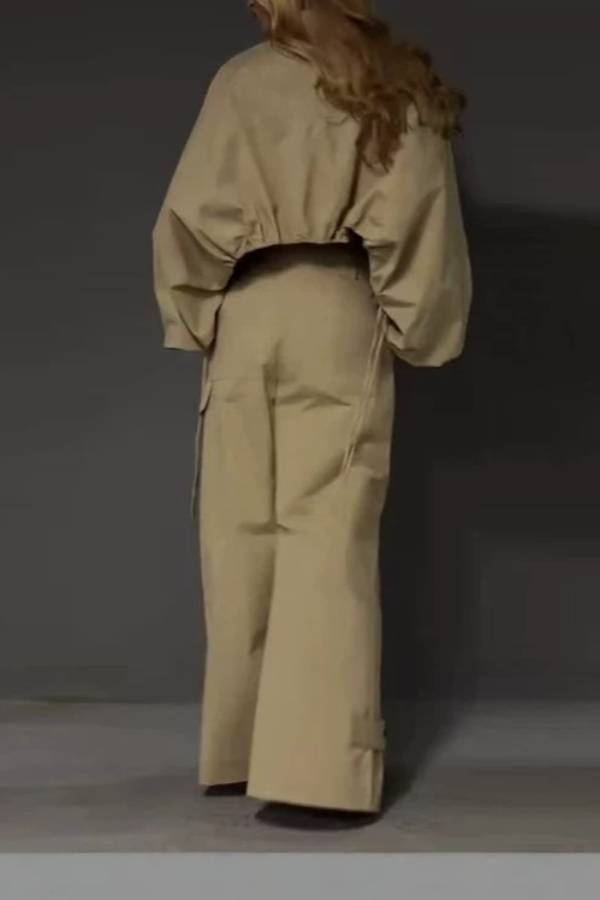 Khaki Stand Collar Drawstring Oversized Jacket & High Waist Wide-Leg Cargo Pants Two-Piece Set