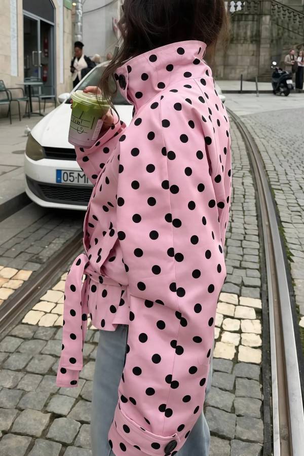 Levvie Polka Dot High Neck Long Sleeve Belted Pocket Crop Trench Jacket