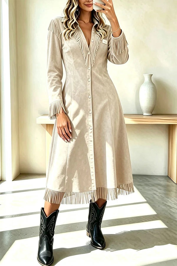 Western Cowboy Style Suede Tassel V-neck Button Long Sleeve Shirt Midi Dress
