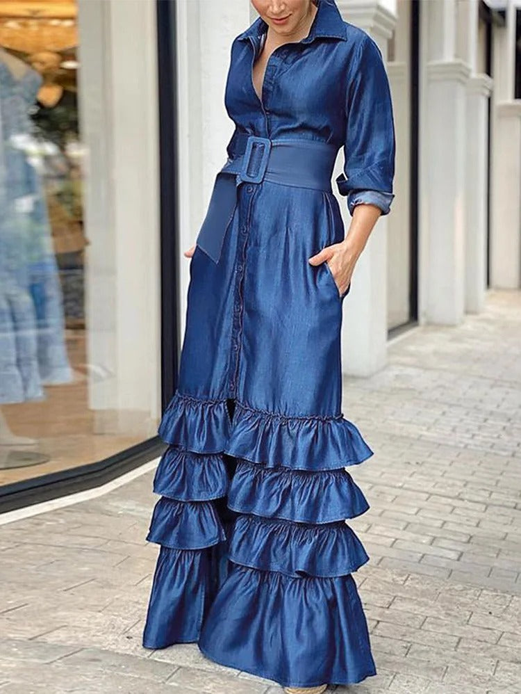 Elegant Lapel Button Belt Ruffle Hem Dress