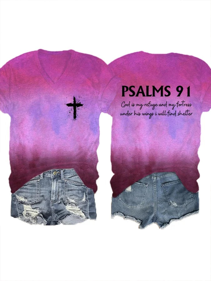 Women's Psalms 91 Bible Verse Printed V-Neck T-Shirt