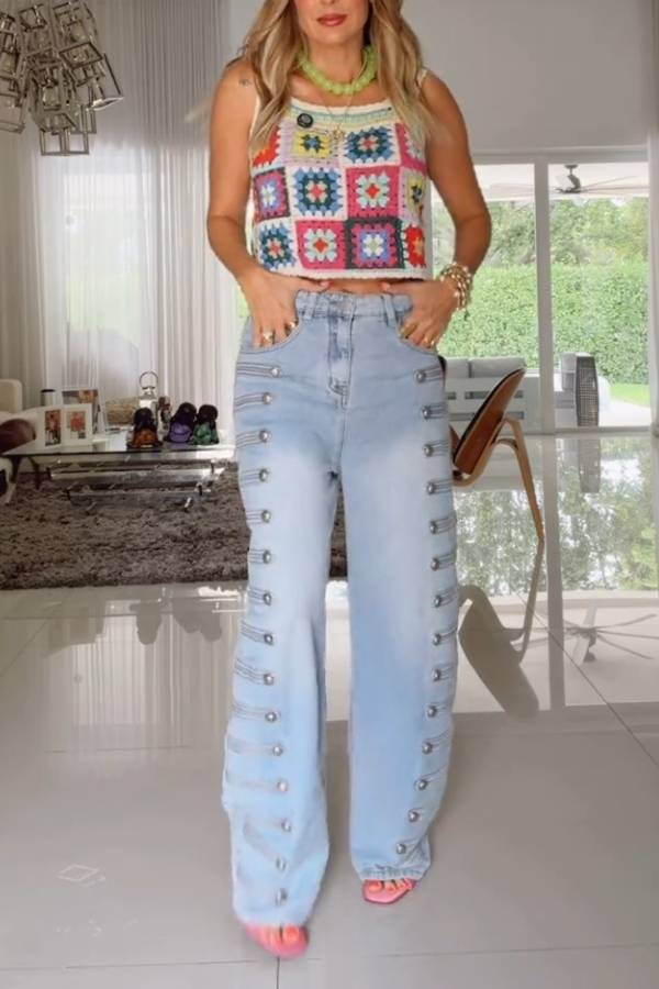Light Wash Wide Leg Jeans With Side Metal Buttons
