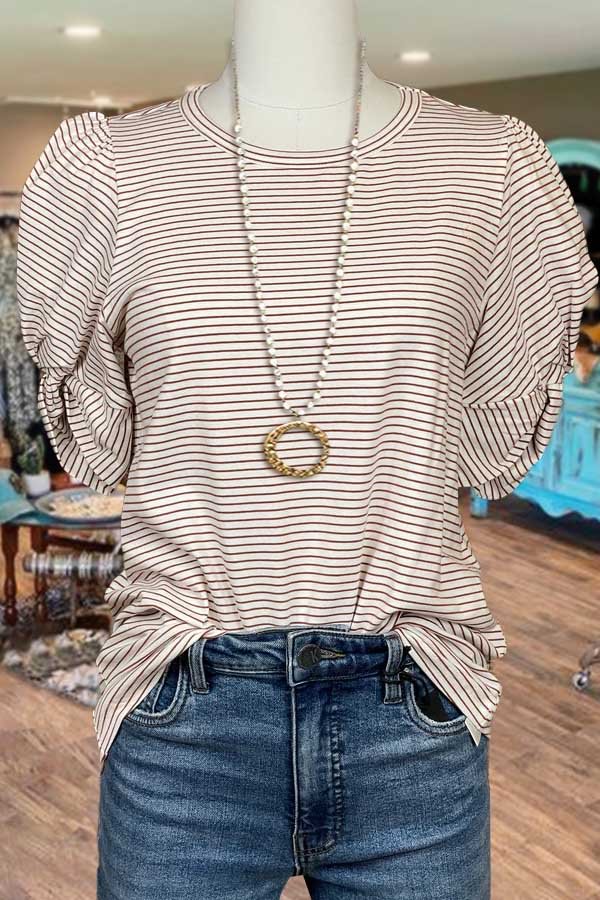 Striped Twisted Sleeve Crew Neck Top