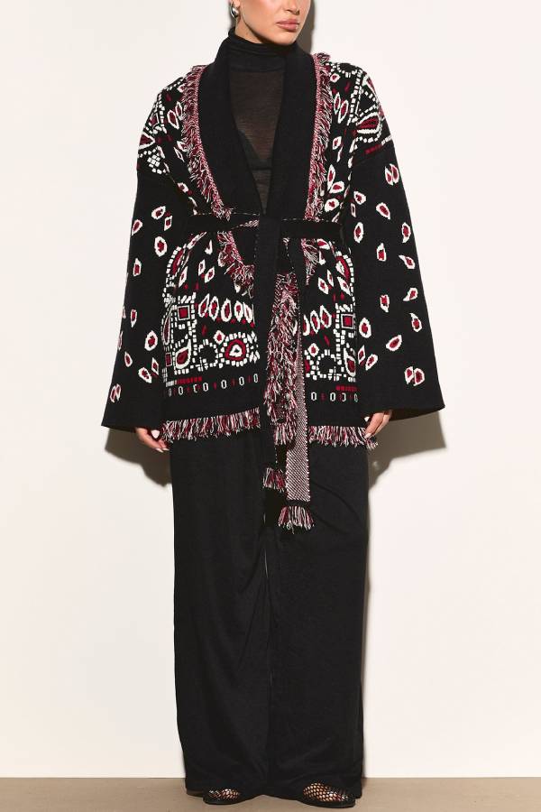 Bohemian Fringe Tie‑Waist Knit Cardigan Coat