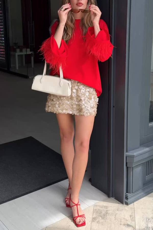 Feather Cuff Loose Long Sleeve Top