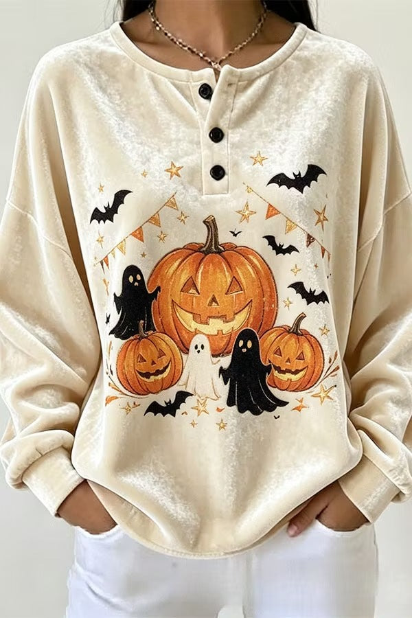 Spooky Season Velvet Long Sleeve Halloween Shirt with Buttons