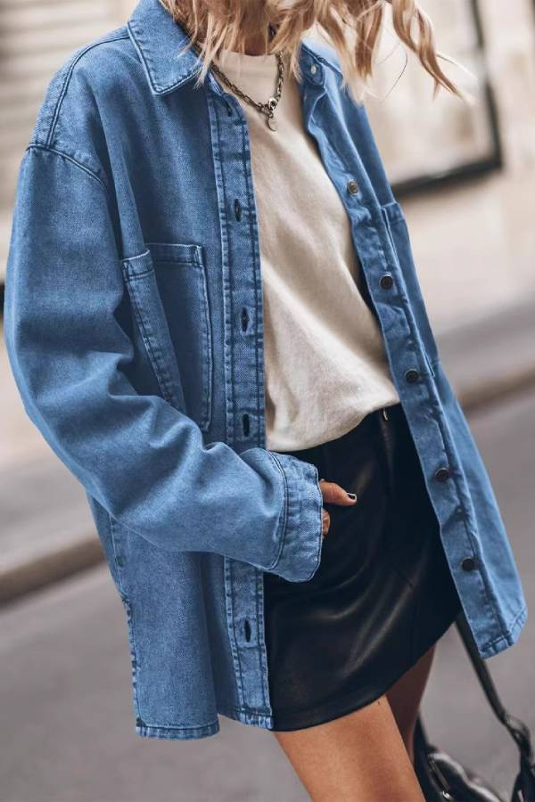 Women Oversize Washed Denim Shirt Vintage Loose Mid Length Casual Jacket