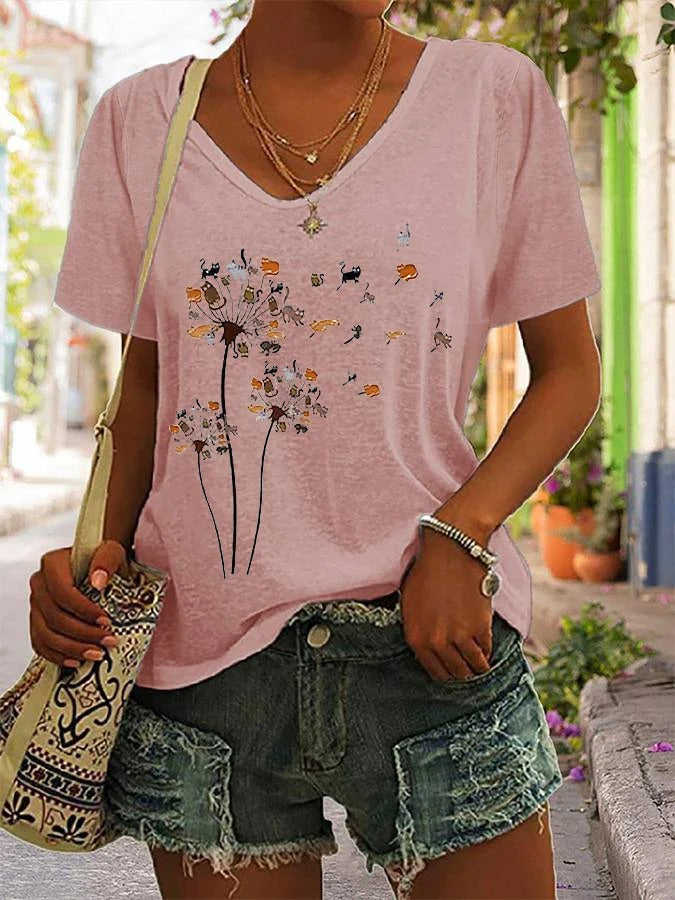 Women's Cats Flower Fly Dandelion Cute Cat Print V-Neck T-Shirt