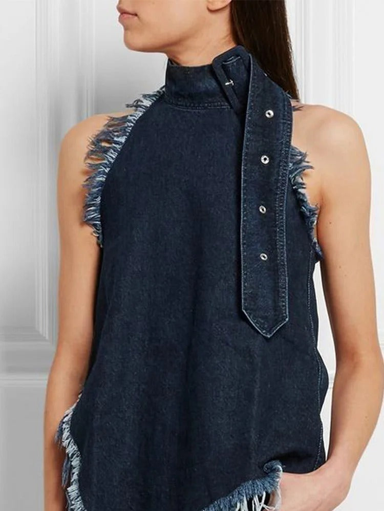 Fashion Plain Stand Collar Sleeveless Asymmetrical Hem Fringed Denim Tank Top