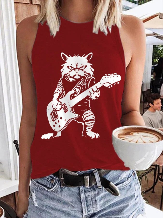 Women's Rock Cat Playing Guitar Casual Vest