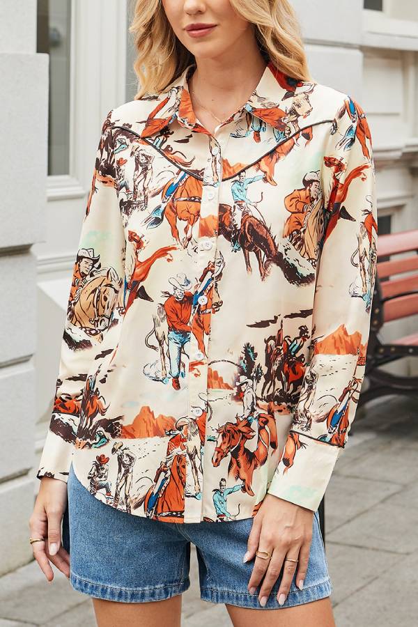 Western Cowboy Print Long Sleeve Collared Shirt