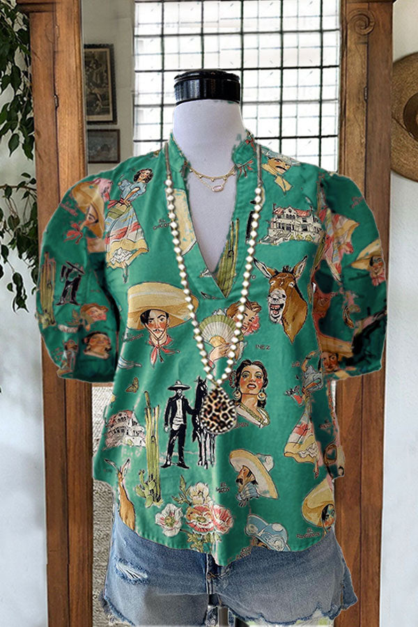 Vintage Print V-neck Puff Sleeve Top