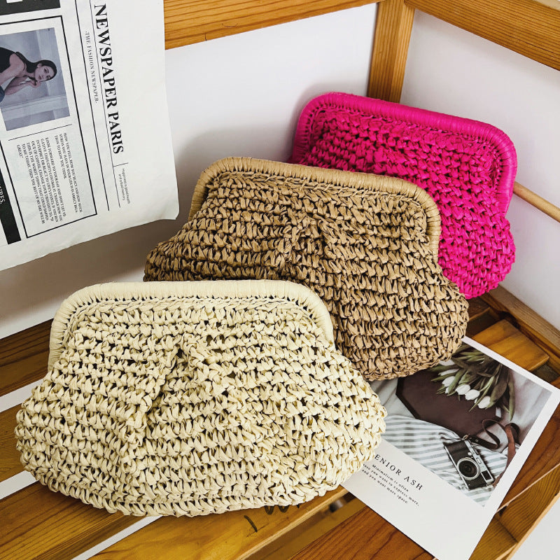 Ruched Woven Cloud Straw Clutch Bag