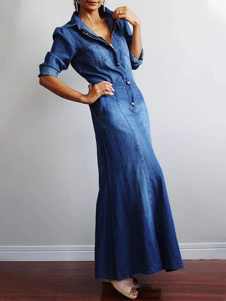 Denim Lapel Collar Long Sleeve Button Zipper Pocket Maxi Dress