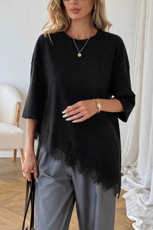 Asymmetrical Lace Hem Mid Sleeve Loose T-Shirt
