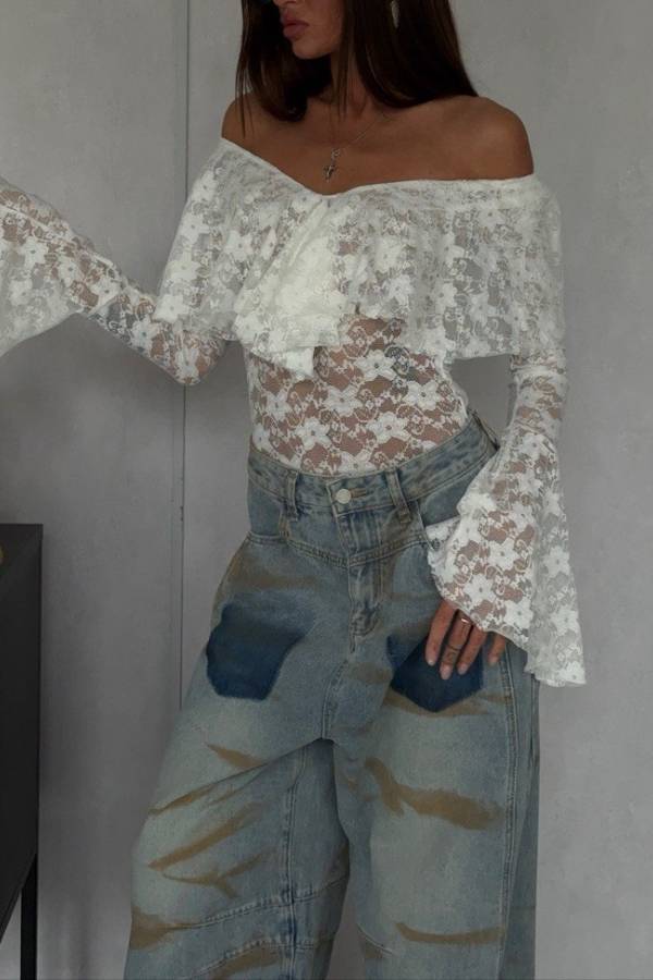 Off‑Shoulder Ruffle Lace Flare Sleeve Top