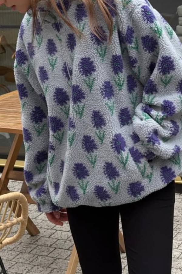 Women's Half Zip Stand Collar Floral Print Sherpa Fleece Jacket