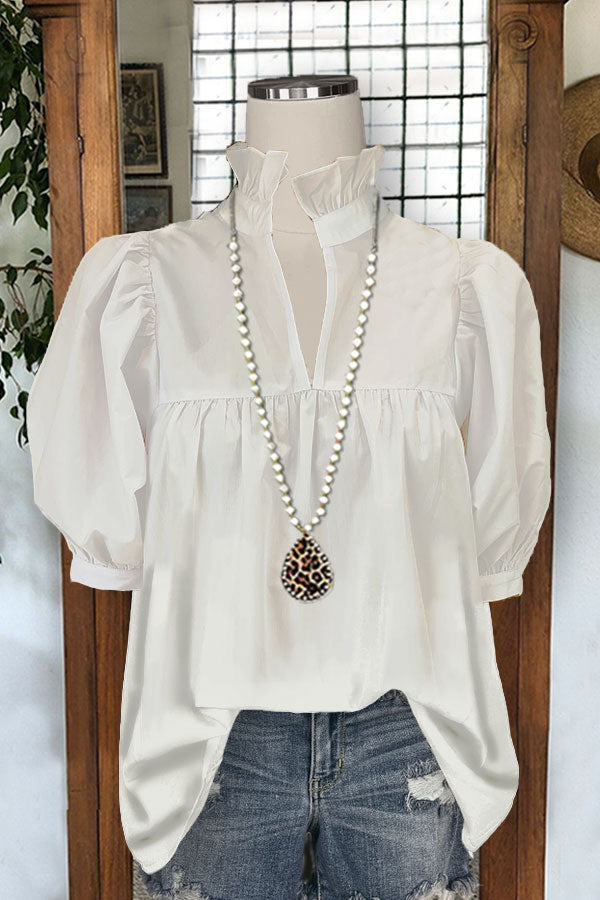 Cotton Pleated V-neck Puff Sleeve Top