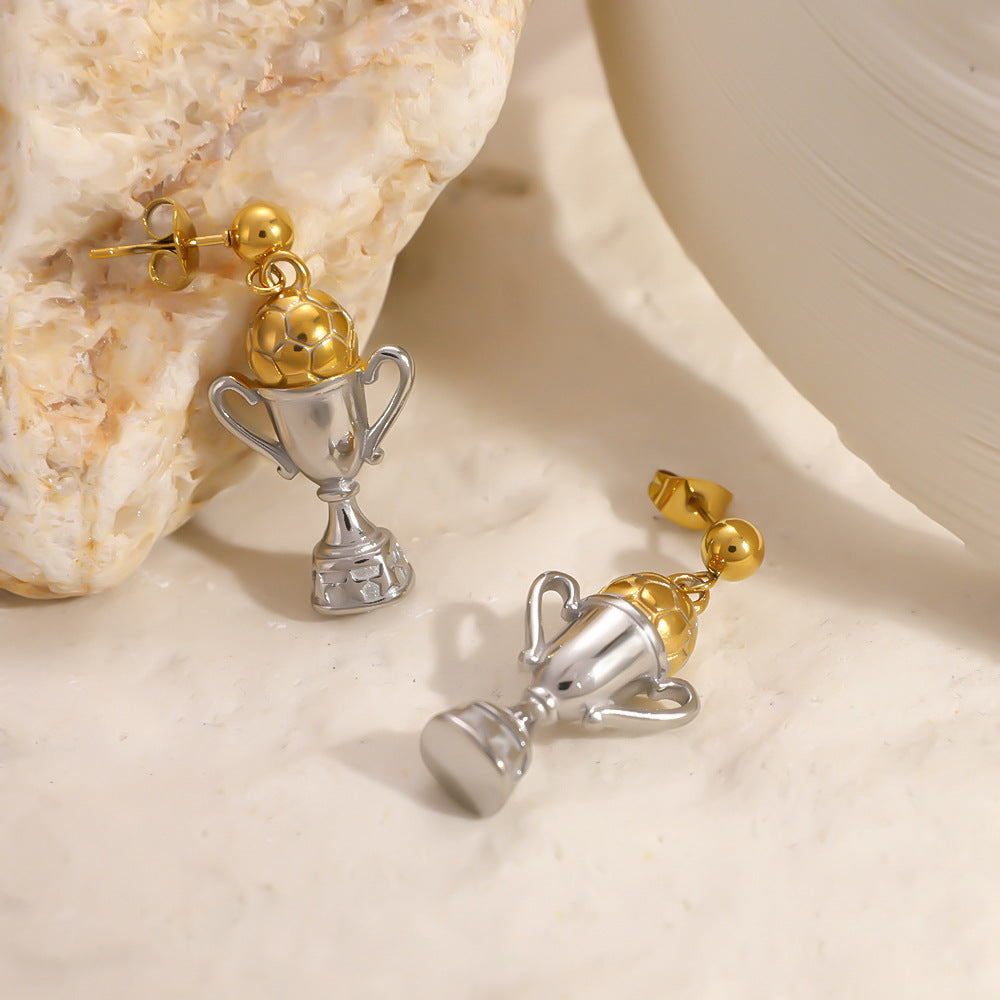 World Cup Trophy Football Two-Tone Stainless Steel Drop Earrings