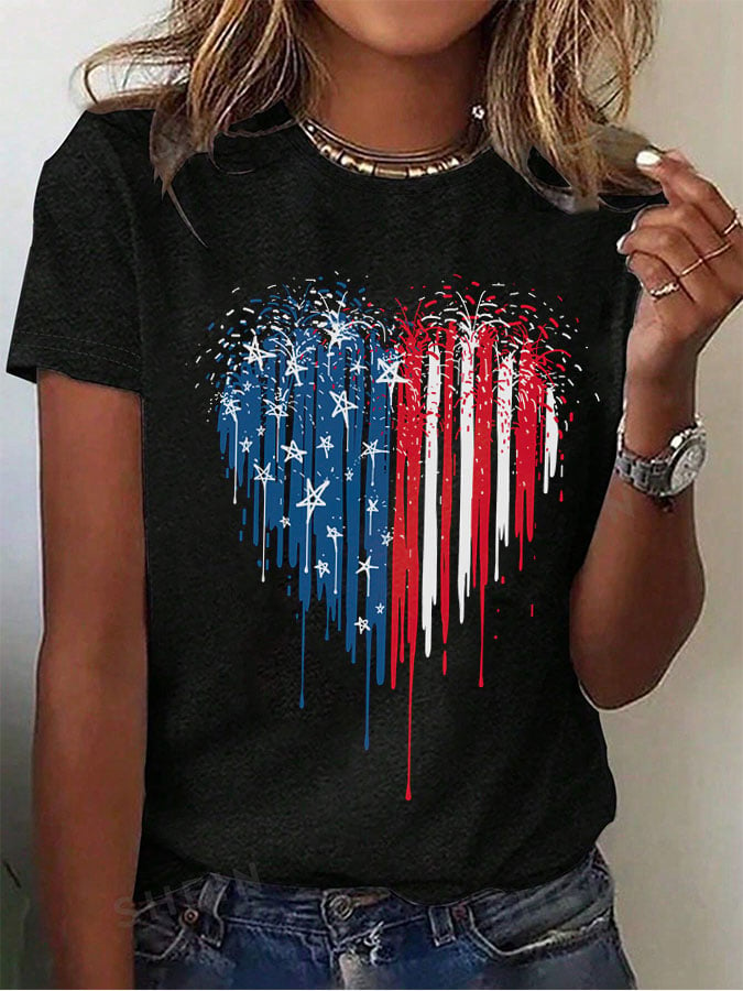 Women's Independence Day Retro Fireworks Love Print Round Neck T-Shirt