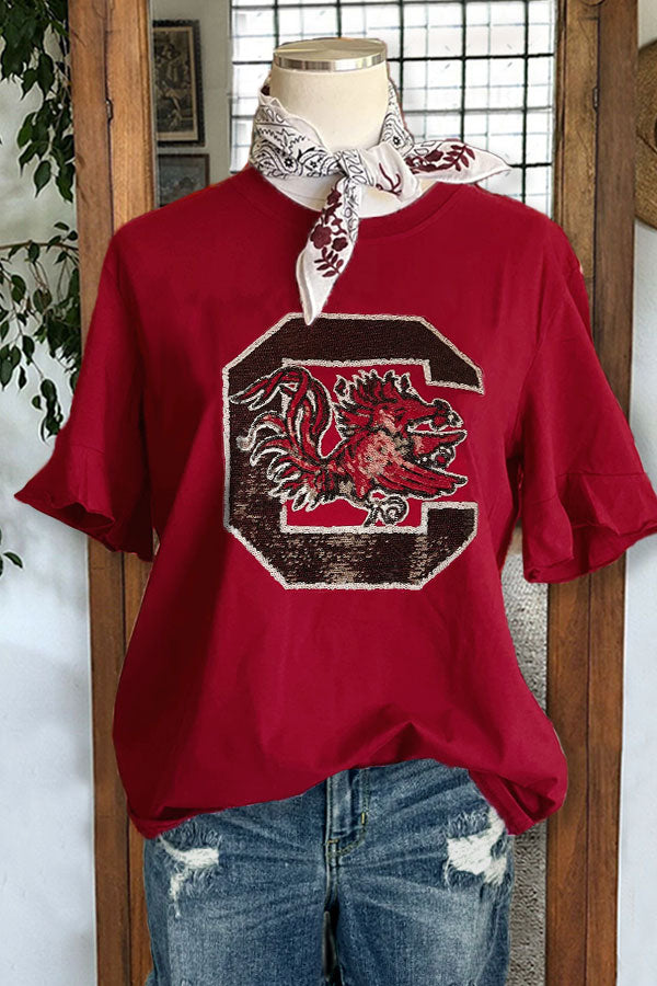 Gamecock Sequin Casual Crew Neck Top