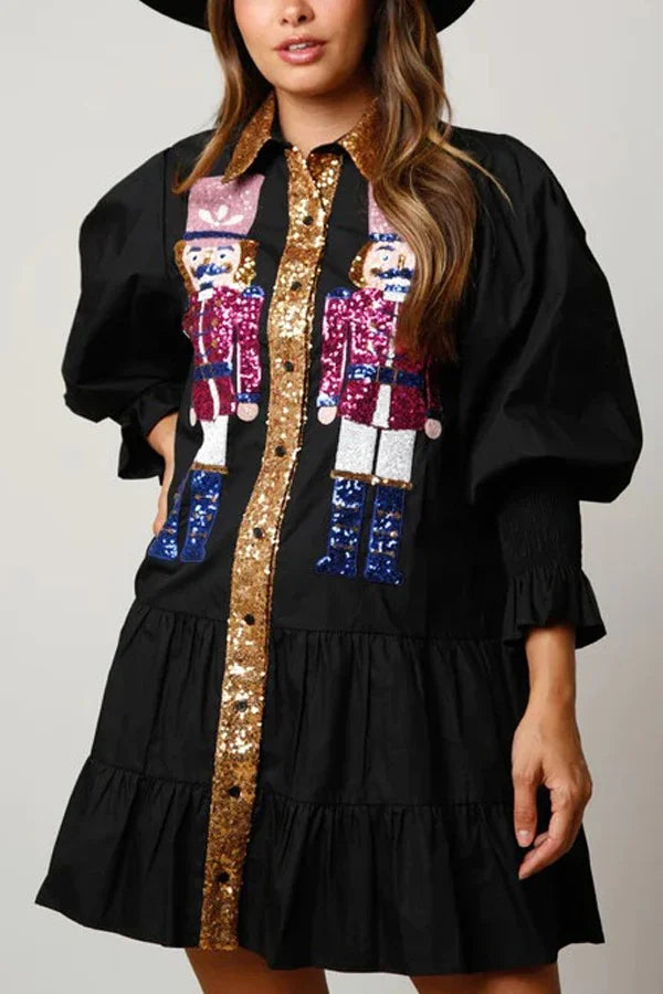 Colorful Sequin Nutcracker Pacth Long Sleeve Dress