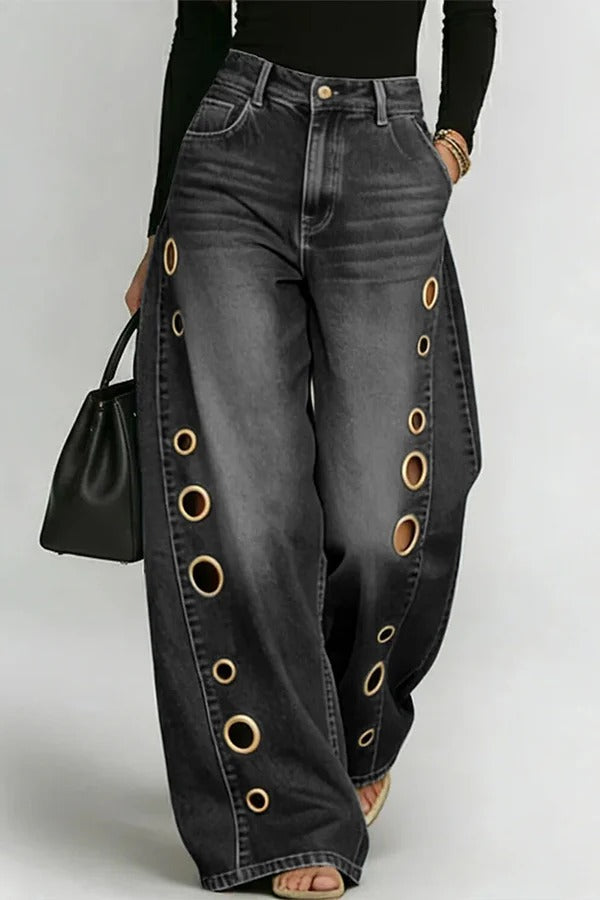 High-Street Edgy Eyelet Cut-Out Baggy Jeans