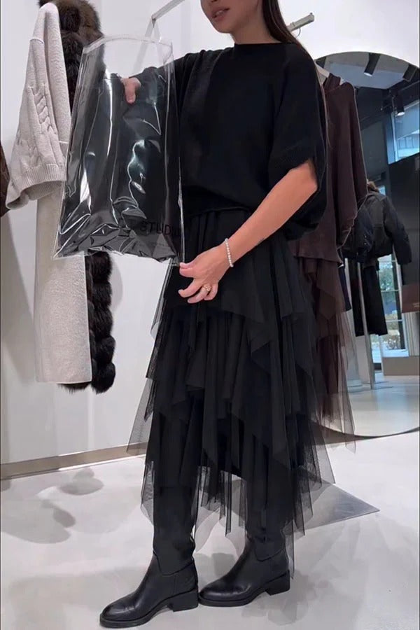 Erini Knit Batwing Sleeve Sweate and Layered Ruffle Mesh Tank Midi Dress Two Pieces Set