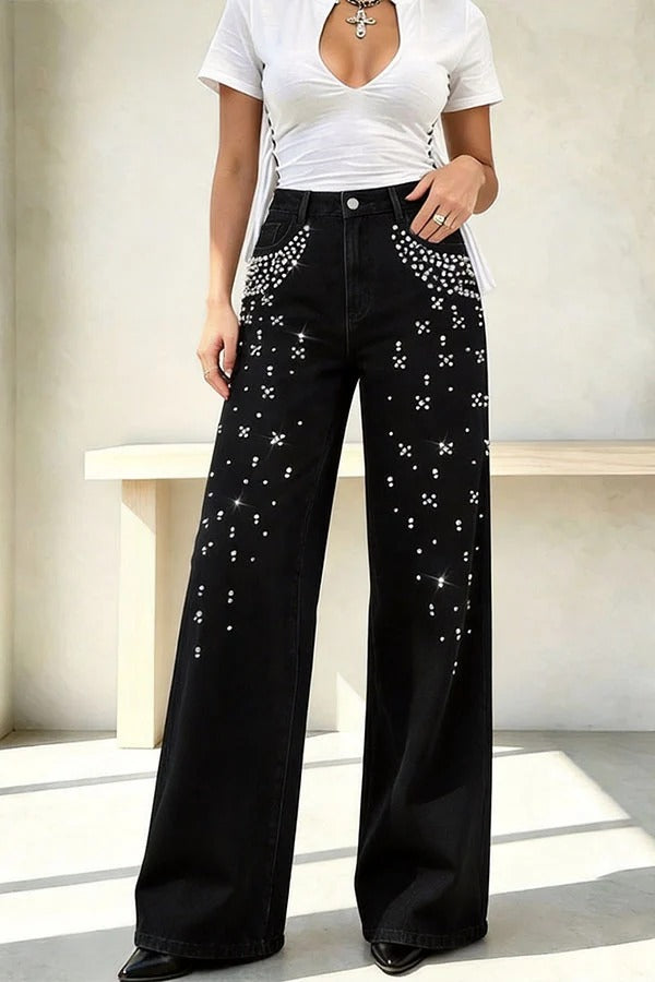 Janae Denim Pearl Beaded Detail Mid Waist Pocket Wide Leg Jeans
