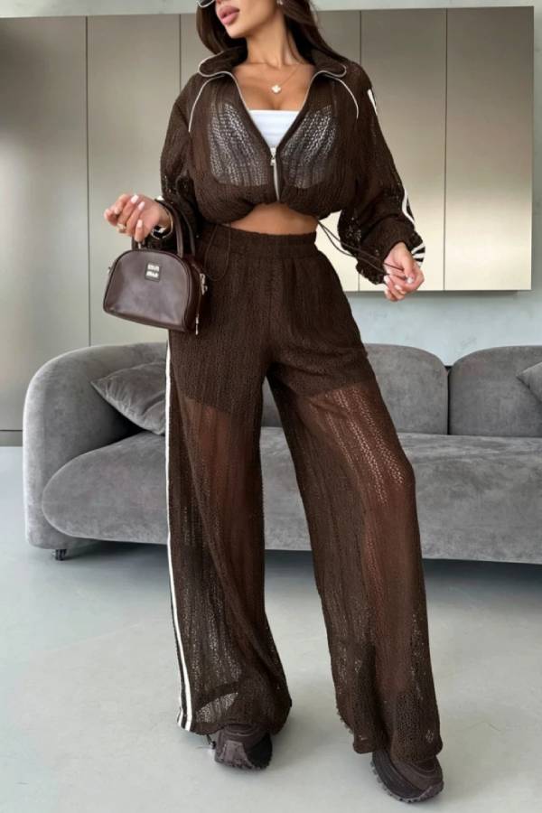 Casual Sporty Hollow Knit Stripe Cropped Jacket & Wide‑Leg Pants Two‑Piece Set