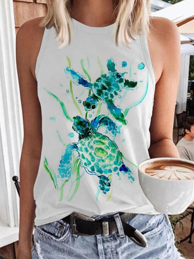 Women's Sea Turtle Print Beach Vacation Casual Tee