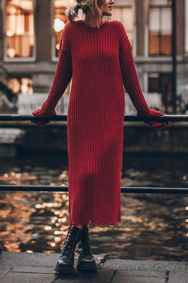 Change Season Sheer Knit Long Sleeve Ribbed Trim Slit Midi Dress