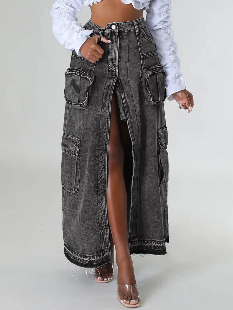 Denim Daily High Front Slit Pockets Maxi Skirt