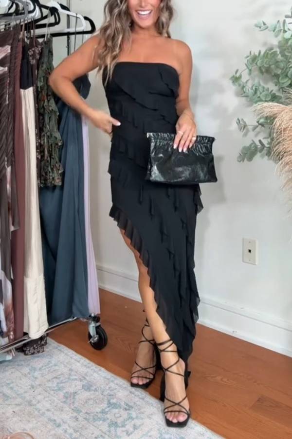 Black Strapless Asymmetrical Ruffle Dress